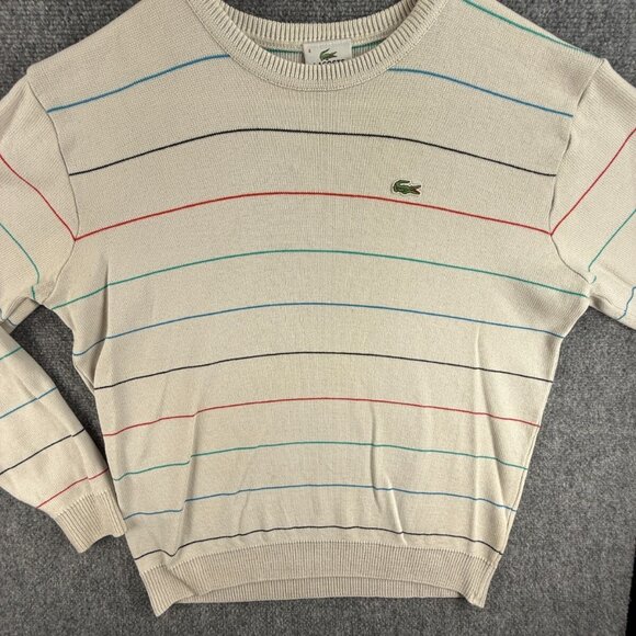 Lacoste Men Sweater Knit Croc Logo Striped Off White Casual Size 4 Medium Adult - Picture 1 of 16